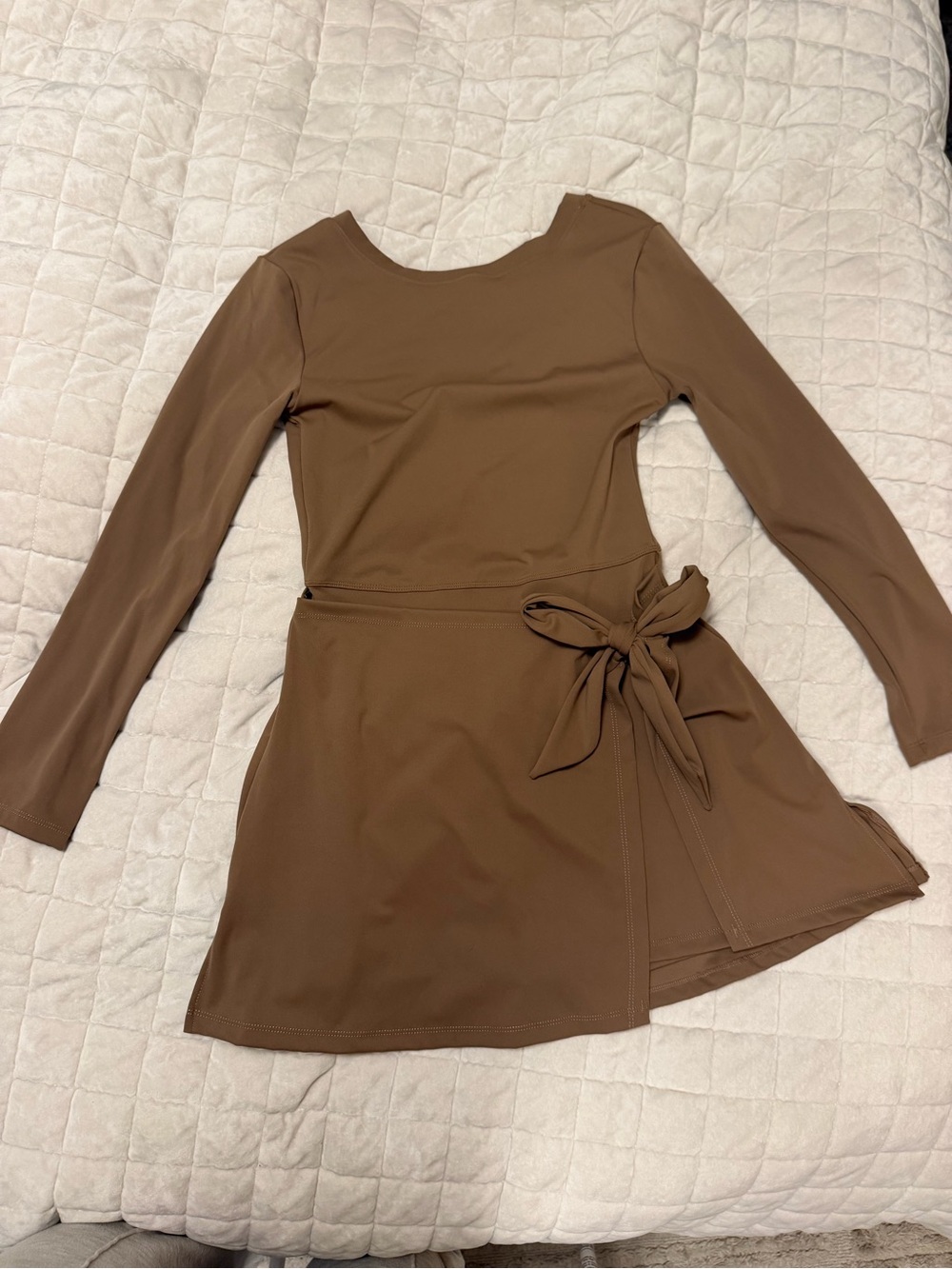 Brown Long-Sleeve Wrap Tie Dress